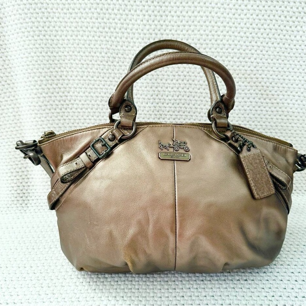 Coach Madison Sophia Brown Metallic Bronze Leather Tote Satchel Shoulder Strap